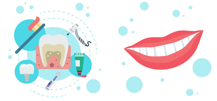 illustration of toothbrush, tooth, toothpaste, dental drill, and mouth