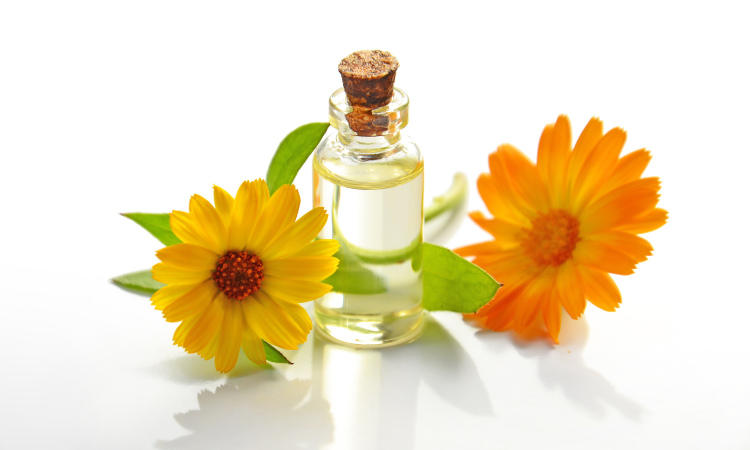 Sunflower oil used for oil pulling in a small vial with a cork next to a yellow and orange sunflower-like flowers with green leaves