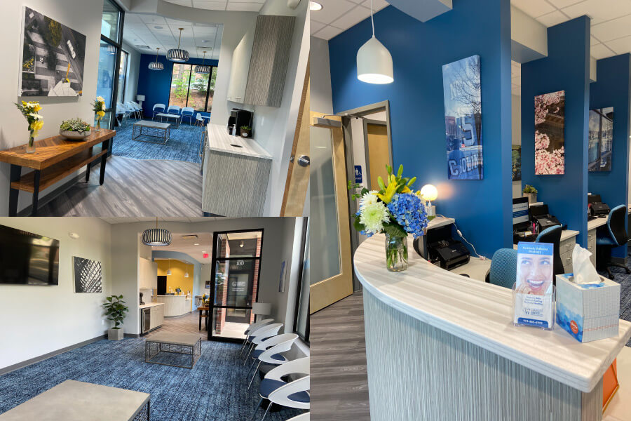 3 pictures showing the front desk & lobby of CarolinasDentist in Chapel Hill, NC