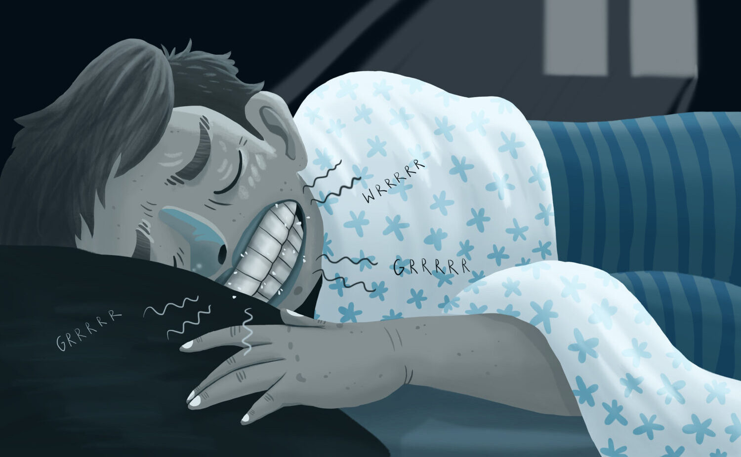 Drawing of a man clenching and grinding his teeth as he sleeps