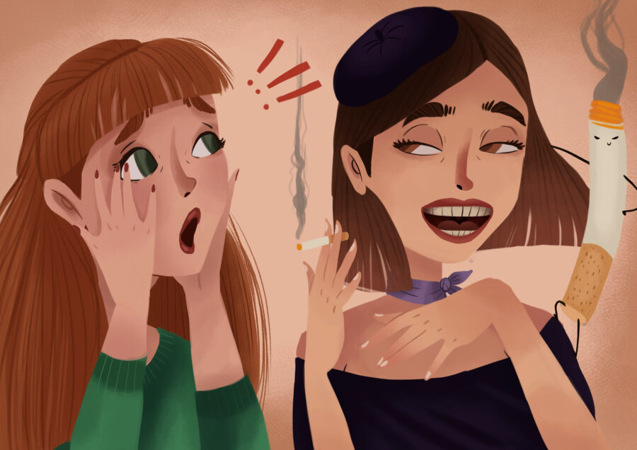 Graphic illustration of a woman smoking with another woman reacting.