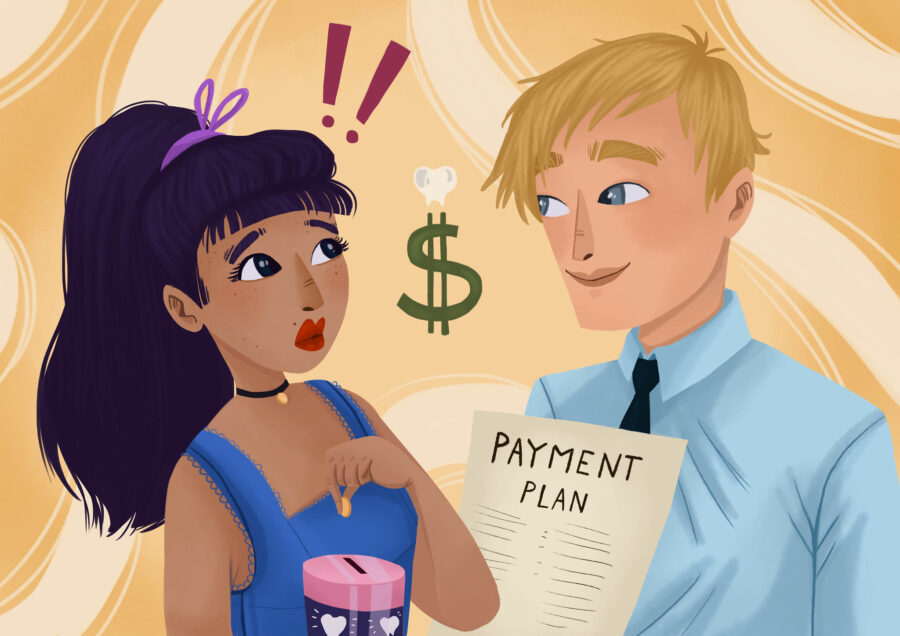 Graphic illustration of woman worried about money at a dentist office because she has no dental insurance and man is holding a paper that says "payment plan."