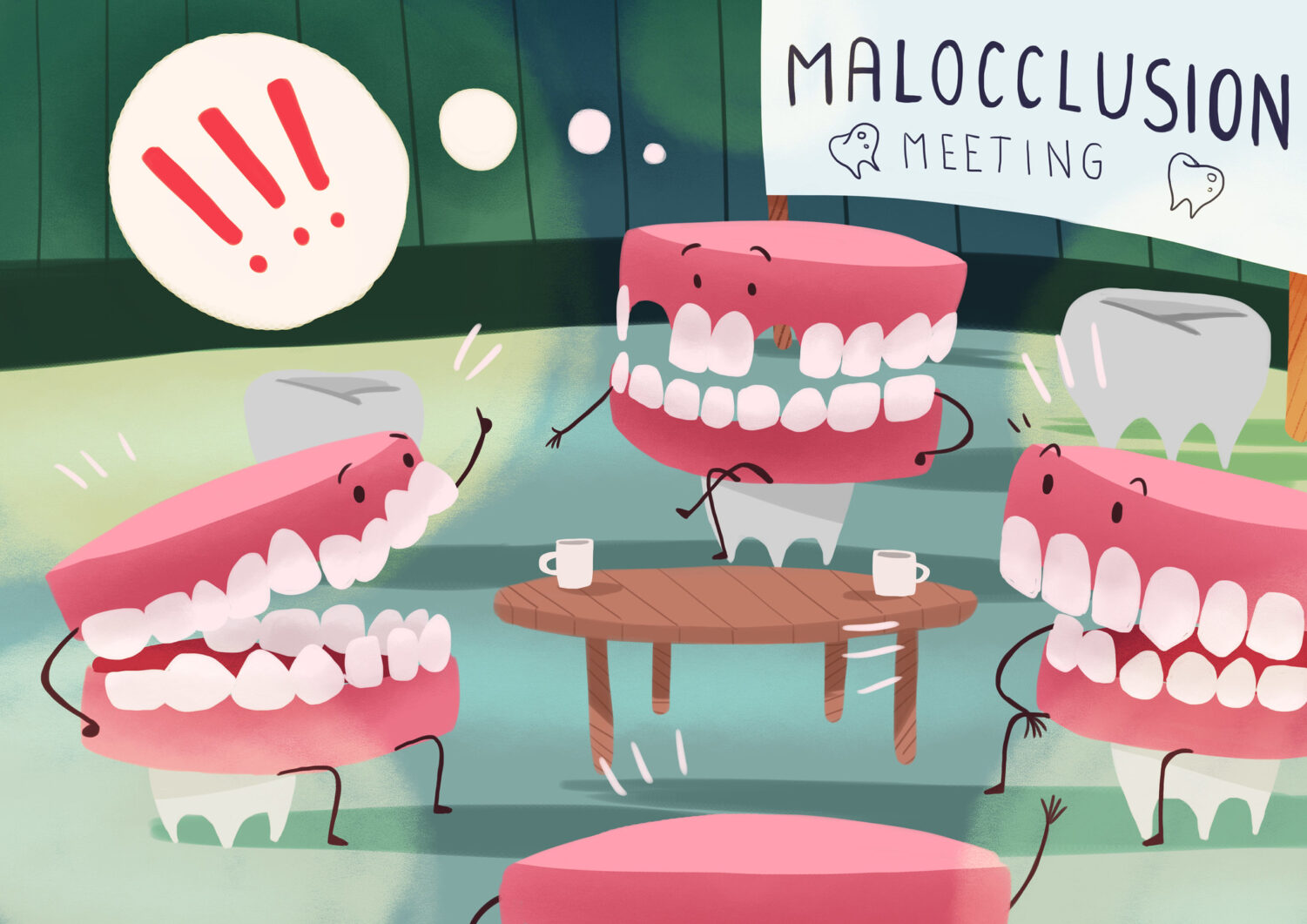 graphic illustration of 3 dental arches with teeth meeting at a "malocclusion meeting"