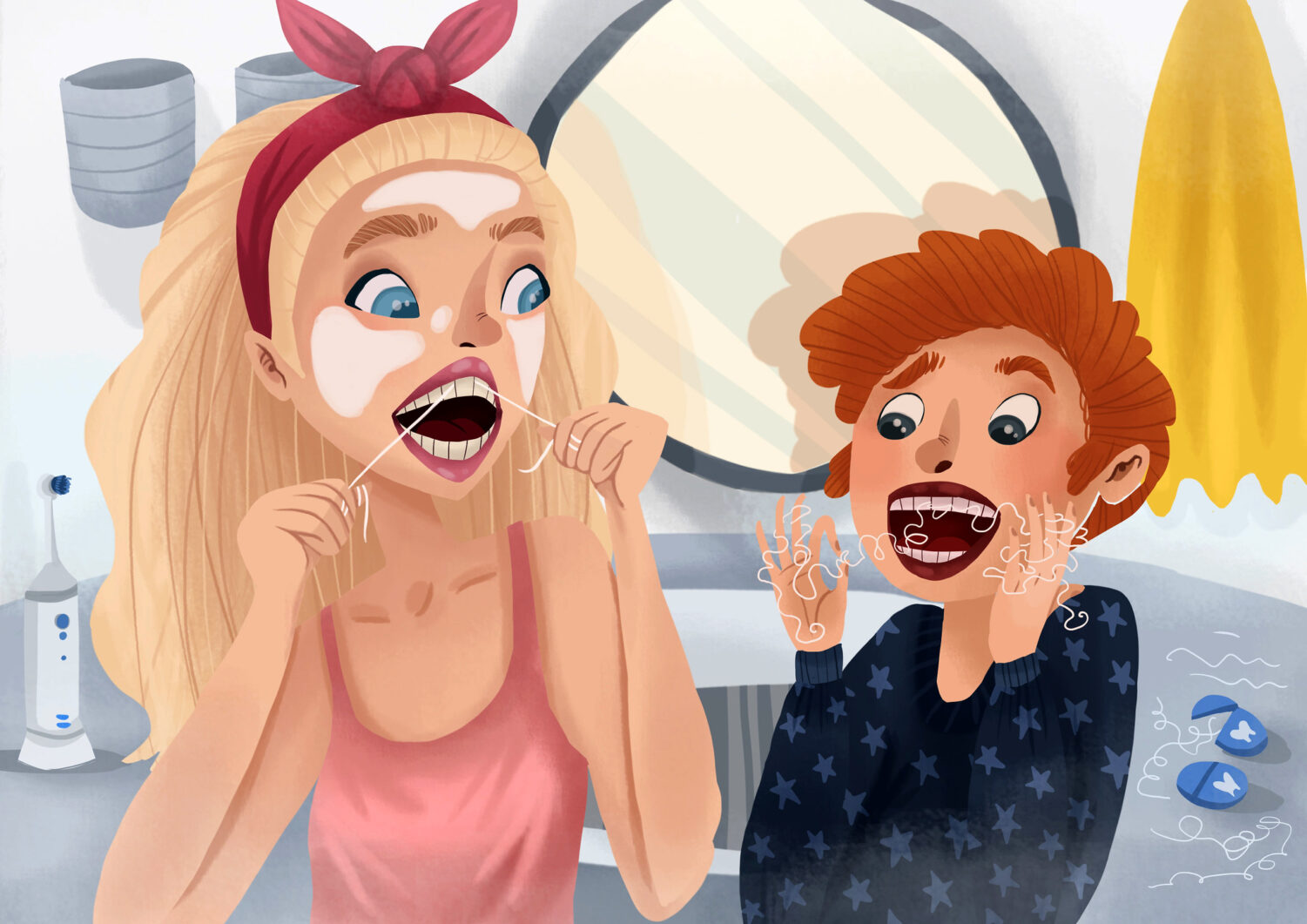 Graphic illustration of two people learning the right way to floss with string floss.