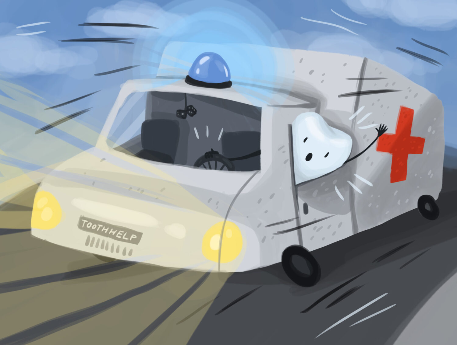 Illustration of a tooth driving an ambulance to give help during a dental emergency