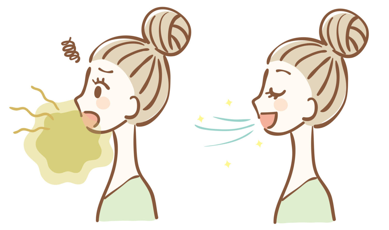 Illustration of a brunette woman in a bun embarrassed by bad breath next to the same woman smiling with fresh breath