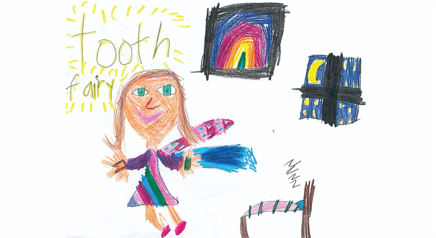 Drawing of the Tooth Fairy delivering money to a child's bed at night