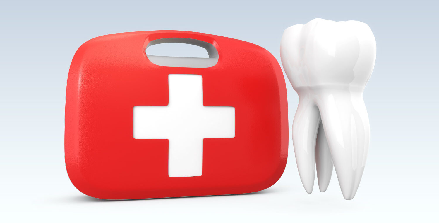 A white tooth next to a red first aid kit to indicate a dental emergency