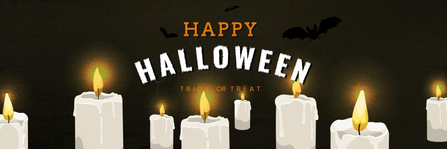 Happy Halloween text on a black background with lit candles