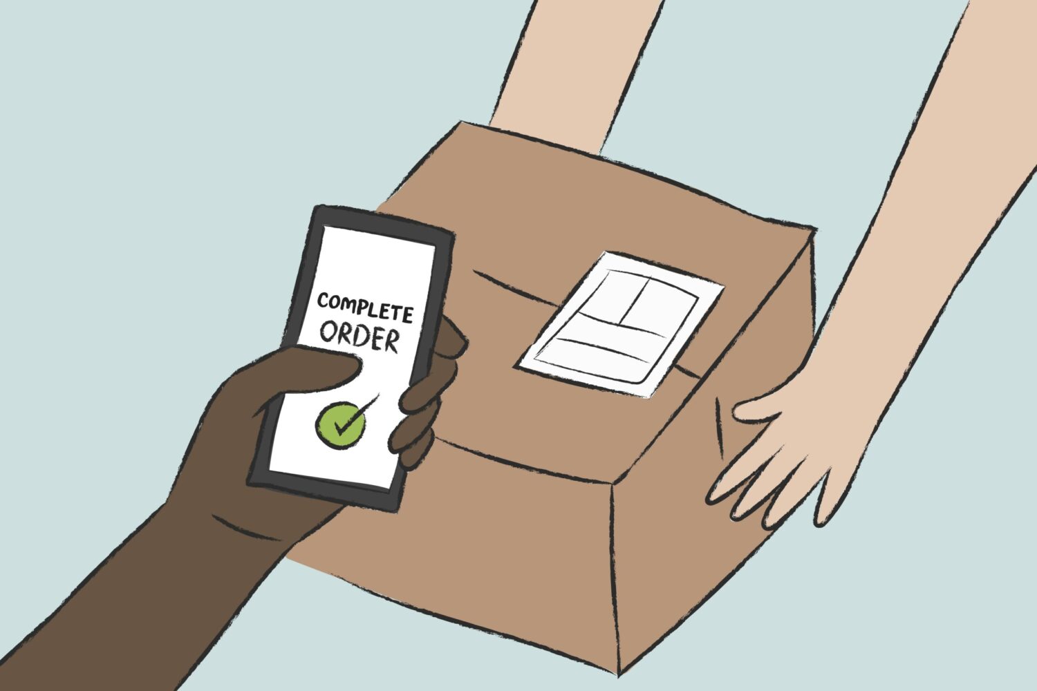 Illustration of two hands delivering an Amazon package behind a Black hand holding a phone with an order confirmation screen