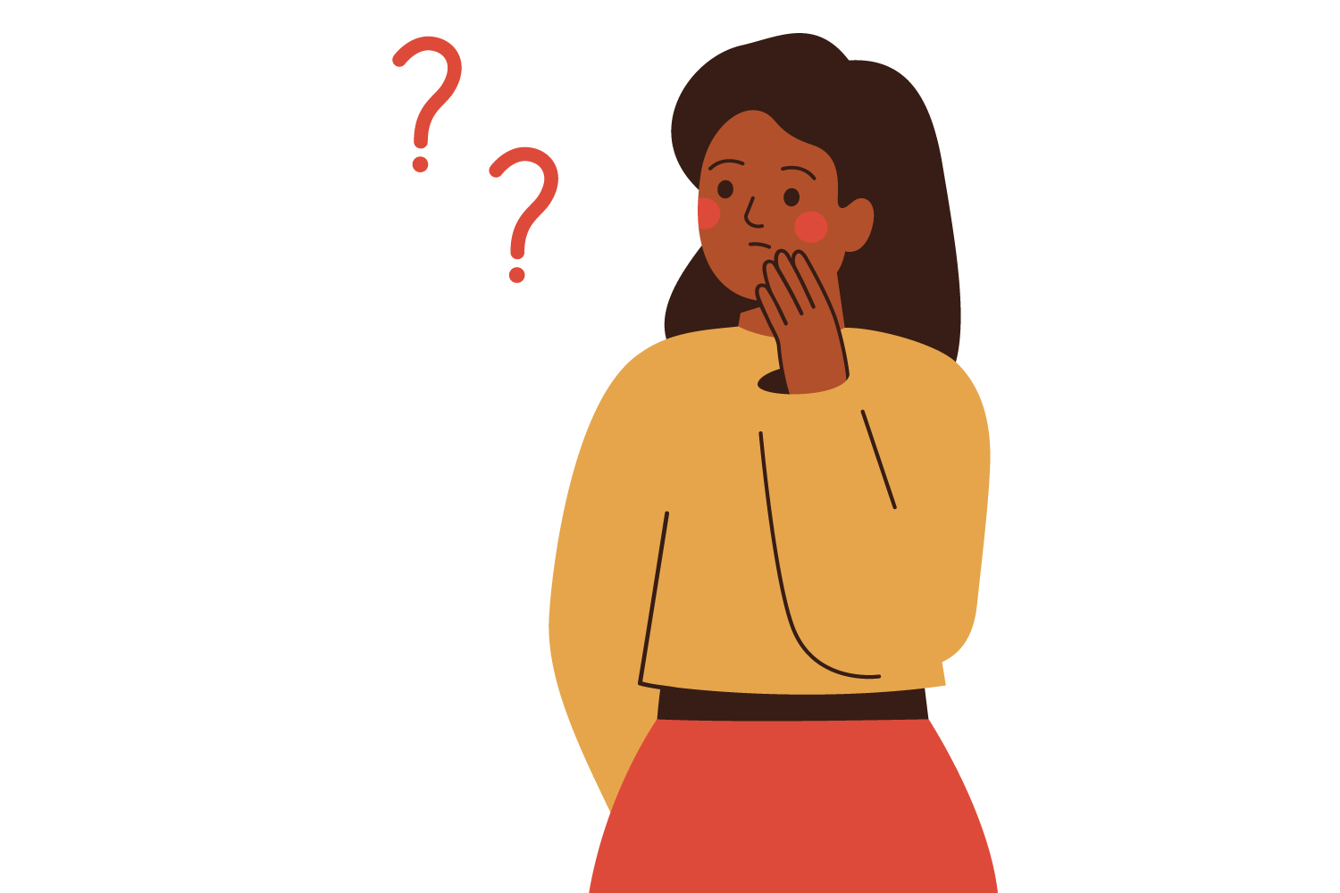 Illustration of a Black woman touching her cheek next to floating question marks wondering if she has gum disease